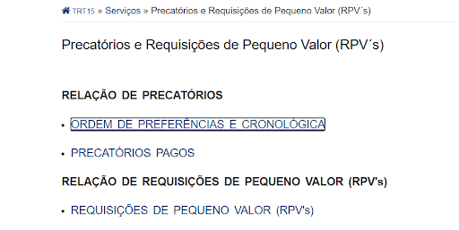 Página de Precatórios e RPVs no portal do TRT-15