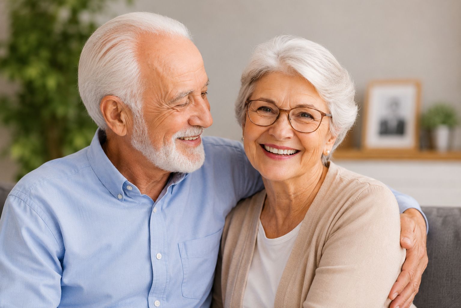 Casal de idosos sorrindo e se abraçando no sofá